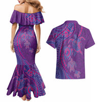 Hawaiian Turtles and Polynesian Art Tattoo Couples Matching Mermaid Dress and Hawaiian Shirt Dusky Violet