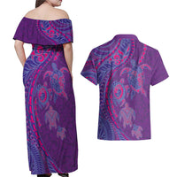 Hawaiian Turtles and Polynesian Art Tattoo Couples Matching Off Shoulder Maxi Dress and Hawaiian Shirt Dusky Violet