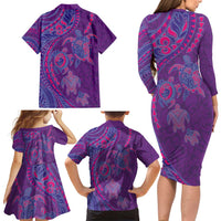Hawaiian Turtles and Polynesian Art Tattoo Family Matching Long Sleeve Bodycon Dress and Hawaiian Shirt Dusky Violet