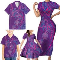 Hawaiian Turtles and Polynesian Art Tattoo Family Matching Short Sleeve Bodycon Dress and Hawaiian Shirt Dusky Violet