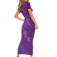 Hawaiian Turtles and Polynesian Art Tattoo Family Matching Short Sleeve Bodycon Dress and Hawaiian Shirt Dusky Violet