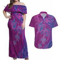 Hawaiian Turtles and Polynesian Art Tattoo Couples Matching Off Shoulder Maxi Dress and Hawaiian Shirt Cerise