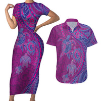 Hawaiian Turtles and Polynesian Art Tattoo Couples Matching Short Sleeve Bodycon Dress and Hawaiian Shirt Cerise