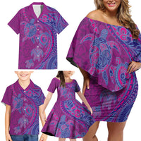 Hawaiian Turtles and Polynesian Art Tattoo Family Matching Off Shoulder Short Dress and Hawaiian Shirt Cerise