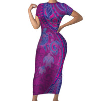 Hawaiian Turtles and Polynesian Art Tattoo Family Matching Short Sleeve Bodycon Dress and Hawaiian Shirt Cerise