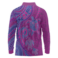 Hawaiian Turtles and Polynesian Art Tattoo Long Sleeve Polo Shirt Cerise