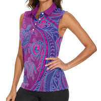 Hawaiian Turtles and Polynesian Art Tattoo Women Sleeveless Polo Shirt Cerise