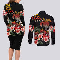 Hawaiian Hibiscus Turtle and Tropical Flower Couples Matching Long Sleeve Bodycon Dress and Long Sleeve Button Shirt Dynamic Vibe