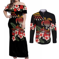 Hawaiian Hibiscus Turtle and Tropical Flower Couples Matching Off Shoulder Maxi Dress and Long Sleeve Button Shirt Dynamic Vibe
