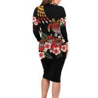 Hawaiian Hibiscus Turtle and Tropical Flower Family Matching Long Sleeve Bodycon Dress and Hawaiian Shirt Dynamic Vibe