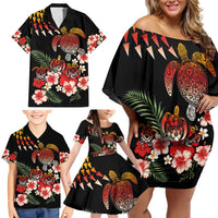 Hawaiian Hibiscus Turtle and Tropical Flower Family Matching Off Shoulder Short Dress and Hawaiian Shirt Dynamic Vibe