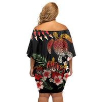 Hawaiian Hibiscus Turtle and Tropical Flower Family Matching Off Shoulder Short Dress and Hawaiian Shirt Dynamic Vibe