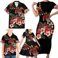Hawaiian Hibiscus Turtle and Tropical Flower Family Matching Short Sleeve Bodycon Dress and Hawaiian Shirt Dynamic Vibe
