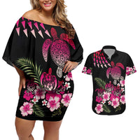 Hawaiian Hibiscus Turtle and Tropical Flower Couples Matching Off Shoulder Short Dress and Hawaiian Shirt Sweet Vibe