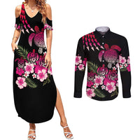 Hawaiian Hibiscus Turtle and Tropical Flower Couples Matching Summer Maxi Dress and Long Sleeve Button Shirt Sweet Vibe