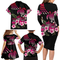 Hawaiian Hibiscus Turtle and Tropical Flower Family Matching Long Sleeve Bodycon Dress and Hawaiian Shirt Sweet Vibe