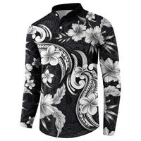 Hawaiian-Polynesian Art Tattoo Button Sweatshirt Hibiscus and Plumeria Grayscale