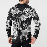Hawaiian-Polynesian Art Tattoo Button Sweatshirt Hibiscus and Plumeria Grayscale