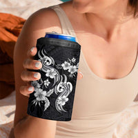 Hawaiian-Polynesian Art Tattoo 4 in 1 Can Cooler Tumbler Hibiscus and Plumeria Grayscale