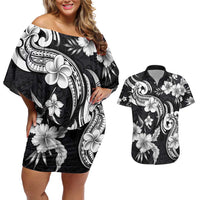 Hawaiian-Polynesian Art Tattoo Couples Matching Off Shoulder Short Dress and Hawaiian Shirt Hibiscus and Plumeria Grayscale