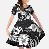 Hawaiian-Polynesian Art Tattoo Family Matching Long Sleeve Bodycon Dress and Hawaiian Shirt Hibiscus and Plumeria Grayscale