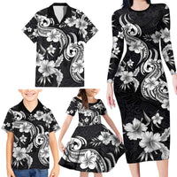 Hawaiian-Polynesian Art Tattoo Family Matching Long Sleeve Bodycon Dress and Hawaiian Shirt Hibiscus and Plumeria Grayscale