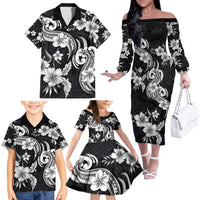 Hawaiian-Polynesian Art Tattoo Family Matching Off The Shoulder Long Sleeve Dress and Hawaiian Shirt Hibiscus and Plumeria Grayscale