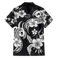Hawaiian-Polynesian Art Tattoo Family Matching Off Shoulder Short Dress and Hawaiian Shirt Hibiscus and Plumeria Grayscale
