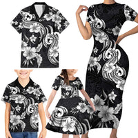 Hawaiian-Polynesian Art Tattoo Family Matching Short Sleeve Bodycon Dress and Hawaiian Shirt Hibiscus and Plumeria Grayscale