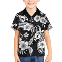 Hawaiian-Polynesian Art Tattoo Family Matching Short Sleeve Bodycon Dress and Hawaiian Shirt Hibiscus and Plumeria Grayscale