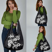 Hawaiian-Polynesian Art Tattoo Grocery Bag Hibiscus and Plumeria Grayscale