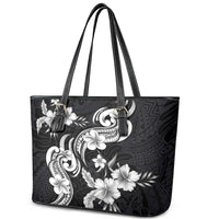 Hawaiian-Polynesian Art Tattoo Leather Tote Bag Hibiscus and Plumeria Grayscale