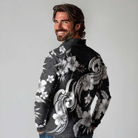 Hawaiian-Polynesian Art Tattoo Long Sleeve Polo Shirt Hibiscus and Plumeria Grayscale