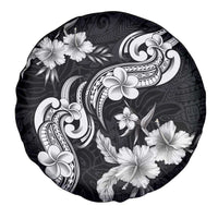 Hawaiian-Polynesian Art Tattoo Spare Tire Cover Hibiscus and Plumeria Grayscale
