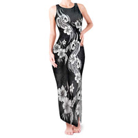 Hawaiian-Polynesian Art Tattoo Tank Maxi Dress Hibiscus and Plumeria Grayscale