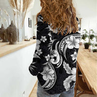 Hawaiian-Polynesian Art Tattoo Women Casual Shirt Hibiscus and Plumeria Grayscale