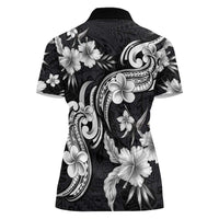 Hawaiian-Polynesian Art Tattoo Women Polo Shirt Hibiscus and Plumeria Grayscale
