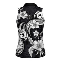 Hawaiian-Polynesian Art Tattoo Women Sleeveless Polo Shirt Hibiscus and Plumeria Grayscale
