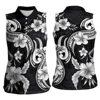 Hawaiian-Polynesian Art Tattoo Women Sleeveless Polo Shirt Hibiscus and Plumeria Grayscale