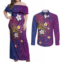 Hawaiian Octopus Tattoo and Frangipani Couples Matching Off Shoulder Maxi Dress and Long Sleeve Button Shirt
