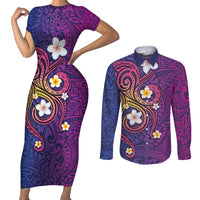 Hawaiian Octopus Tattoo and Frangipani Couples Matching Short Sleeve Bodycon Dress and Long Sleeve Button Shirt
