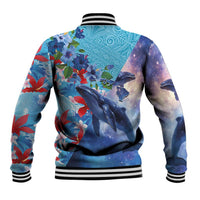 Hawaii Aloha Whales Baseball Jacket Hibiscus and Whales with Polynesian Pattern - Polynesian Pride