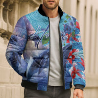 Hawaii Aloha Whales Bomber Puffer Jacket Hibiscus and Whales with Polynesian Pattern - Polynesian Pride