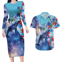 Hawaii Aloha Whales Couples Matching Long Sleeve Bodycon Dress and Hawaiian Shirt Hibiscus and Whales with Polynesian Pattern - Polynesian Pride