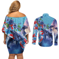 Hawaii Aloha Whales Couples Matching Off Shoulder Short Dress and Long Sleeve Button Shirt Hibiscus and Whales with Polynesian Pattern - Polynesian Pride