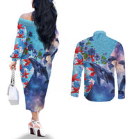 Hawaii Aloha Whales Couples Matching Off The Shoulder Long Sleeve Dress and Long Sleeve Button Shirt Hibiscus and Whales with Polynesian Pattern - Polynesian Pride