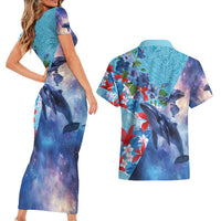 Hawaii Aloha Whales Couples Matching Short Sleeve Bodycon Dress and Hawaiian Shirt Hibiscus and Whales with Polynesian Pattern - Polynesian Pride