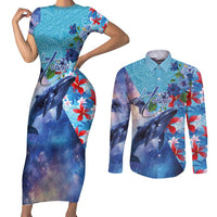 Hawaii Aloha Whales Couples Matching Short Sleeve Bodycon Dress and Long Sleeve Button Shirt Hibiscus and Whales with Polynesian Pattern - Polynesian Pride