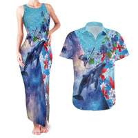 Hawaii Aloha Whales Couples Matching Tank Maxi Dress and Hawaiian Shirt Hibiscus and Whales with Polynesian Pattern - Polynesian Pride