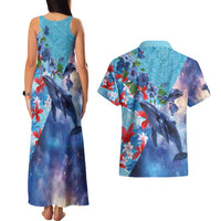 Hawaii Aloha Whales Couples Matching Tank Maxi Dress and Hawaiian Shirt Hibiscus and Whales with Polynesian Pattern - Polynesian Pride
